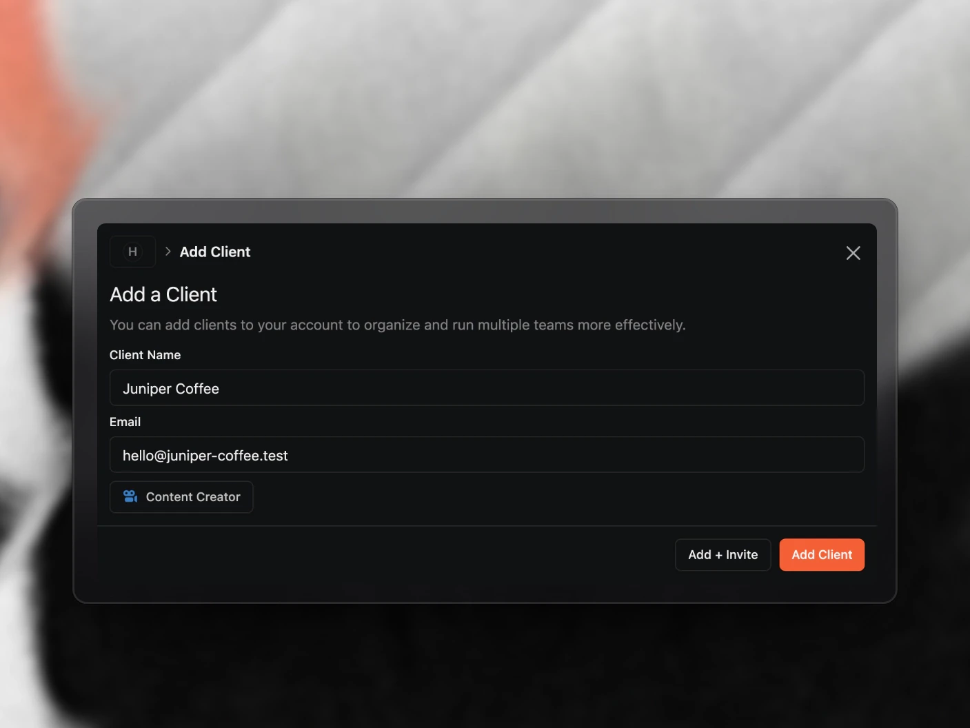 The new client form with a client name and email filled in, above the Add Client and Add + Invite buttons