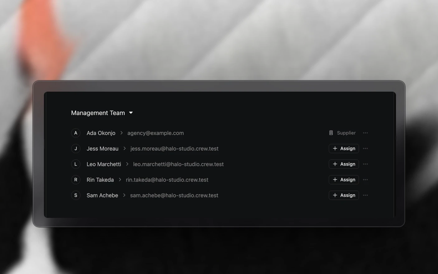 A client's Management Team section, with the agency owner already listed as a supplier and other agency members each offering Assign