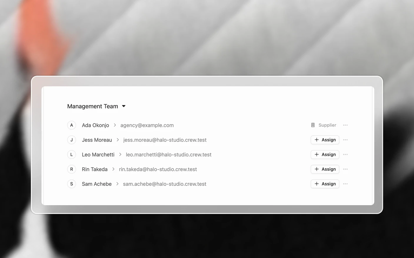 A client's Management Team section, with the agency owner already listed as a supplier and other agency members each offering Assign