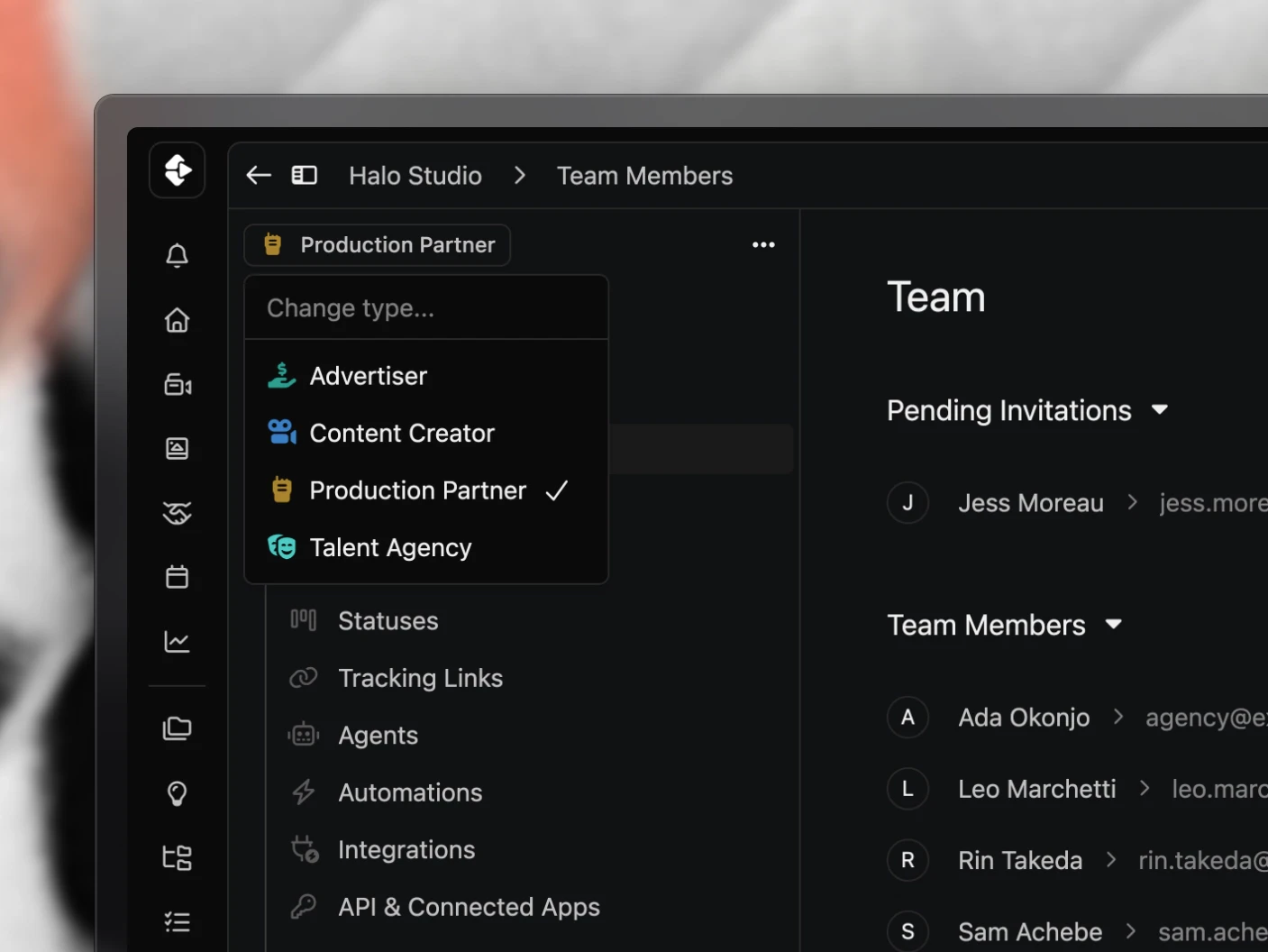 The organization type menu at the top of the sidebar, open, with Production Partner chosen