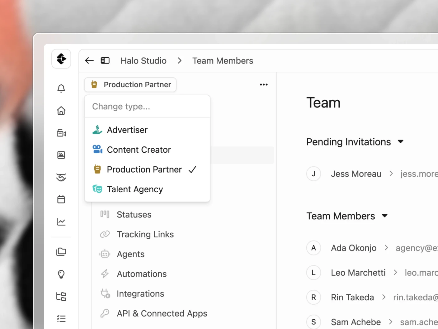 The organization type menu at the top of the sidebar, open, with Production Partner chosen