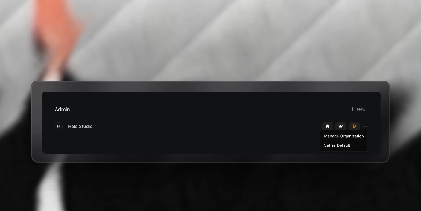 The Organizations list with the menu open on the agency's row, showing Manage Organization and Set as Default
