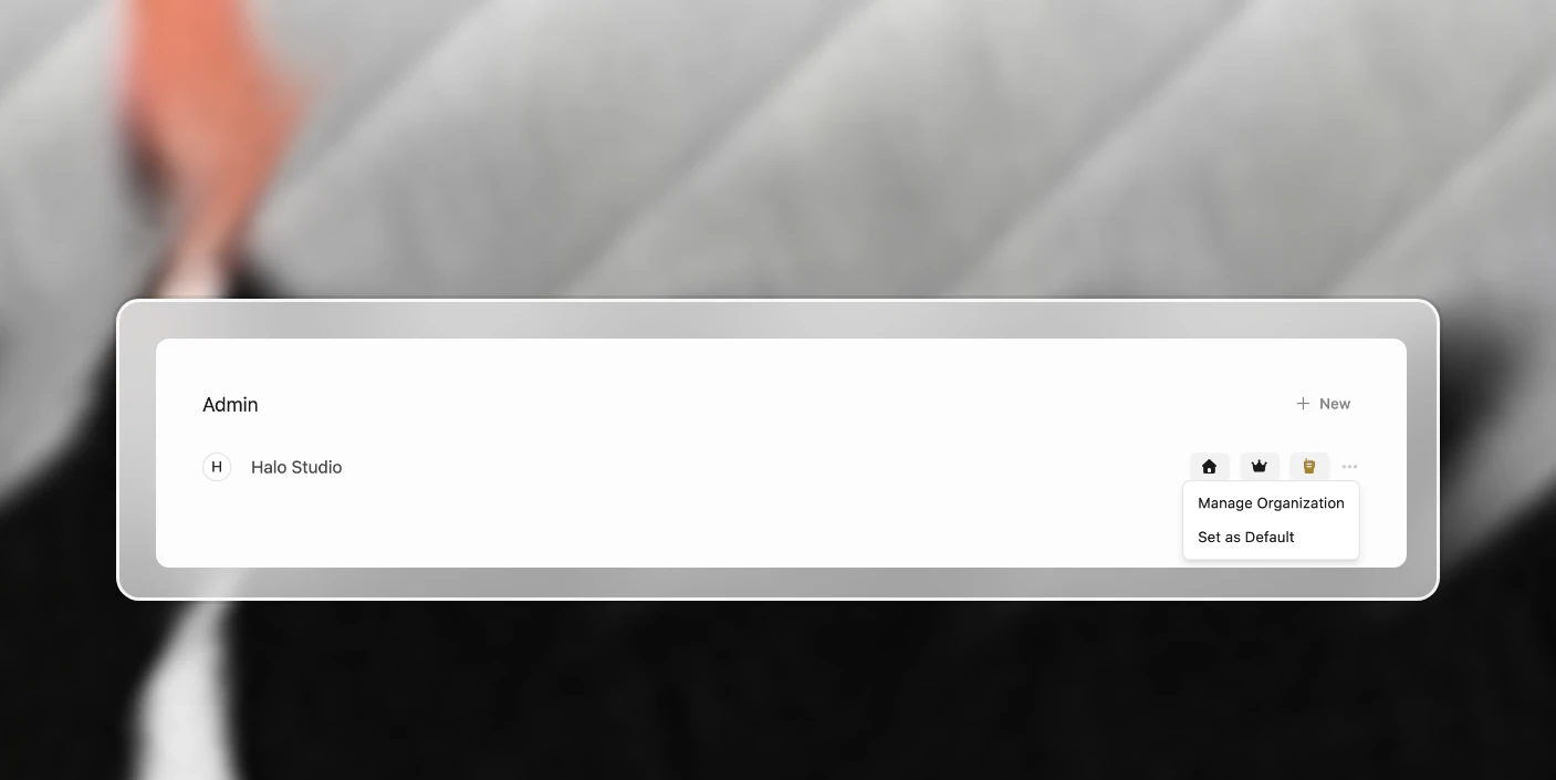 The Organizations list with the menu open on the agency's row, showing Manage Organization and Set as Default