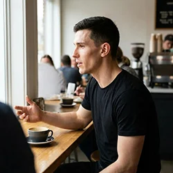 Founder talking over an espresso in a cafe