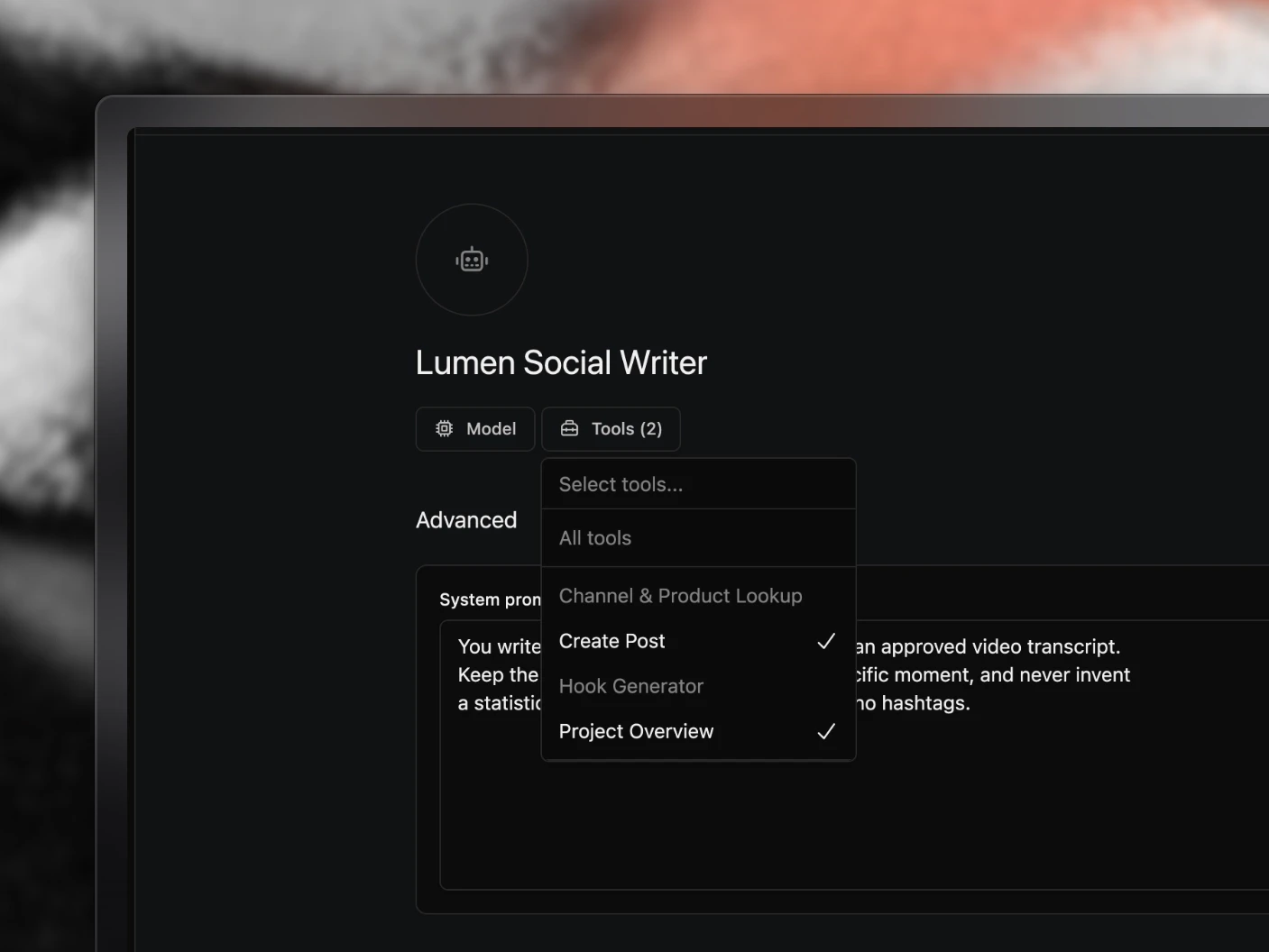 An agent's Tools menu open under its name, with Create Post and Project Overview ticked and Channel & Product Lookup and Hook Generator left off