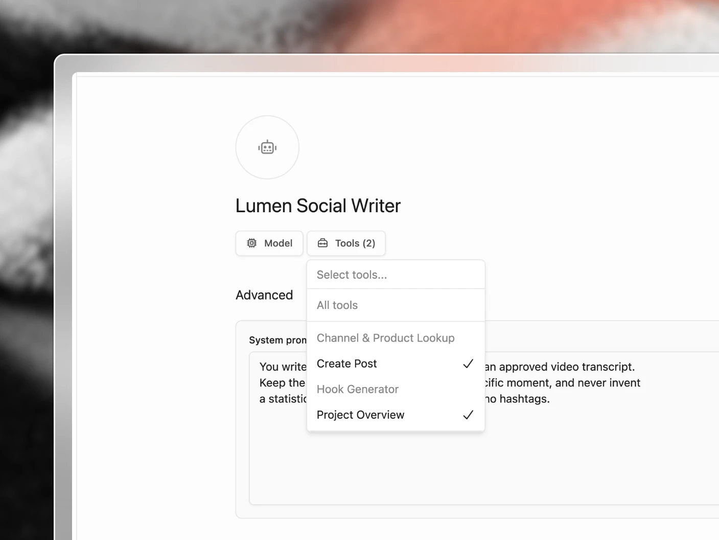 An agent's Tools menu open under its name, with Create Post and Project Overview ticked and Channel & Product Lookup and Hook Generator left off