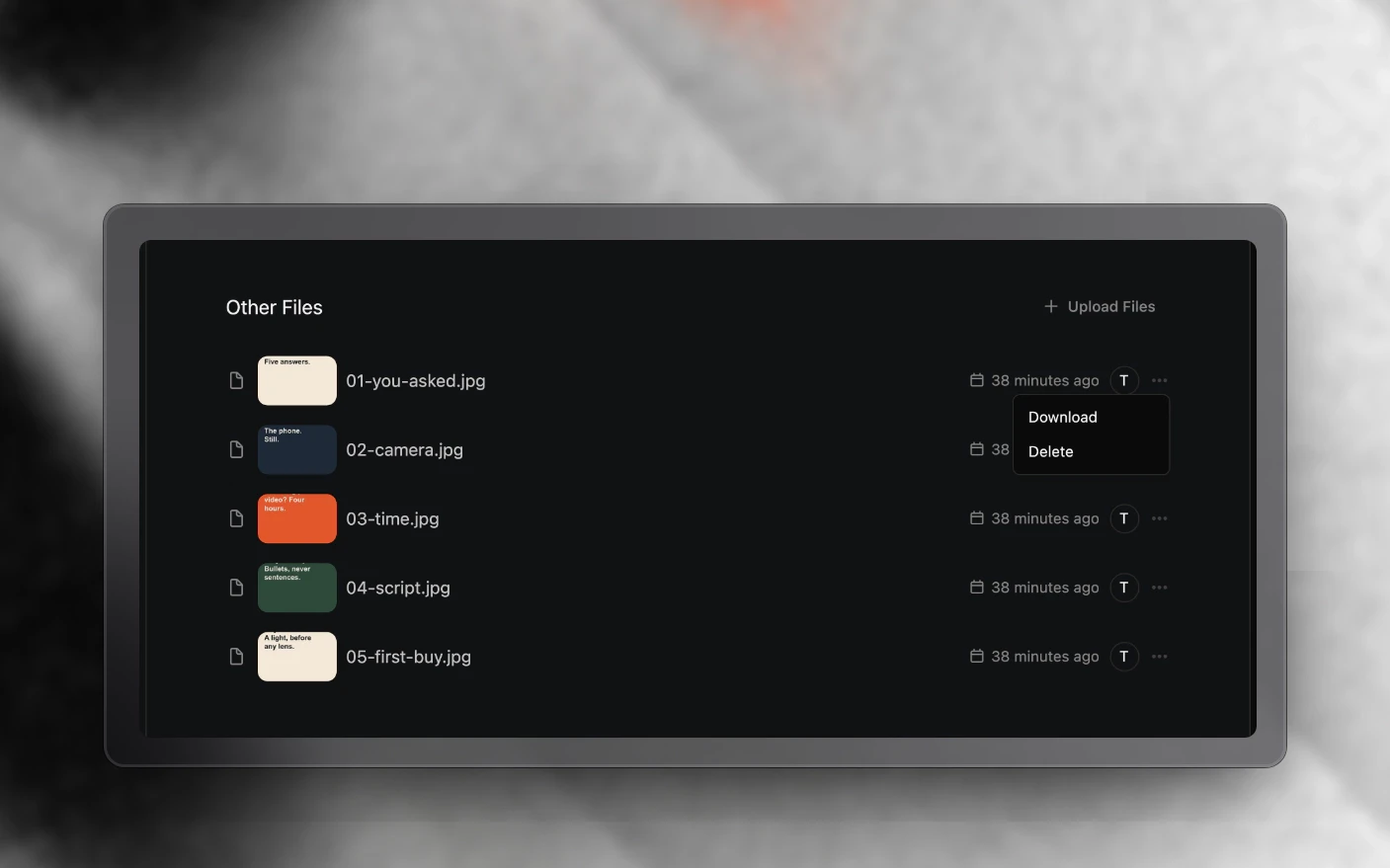 The menu open on a file in a project's Other Files, showing Download