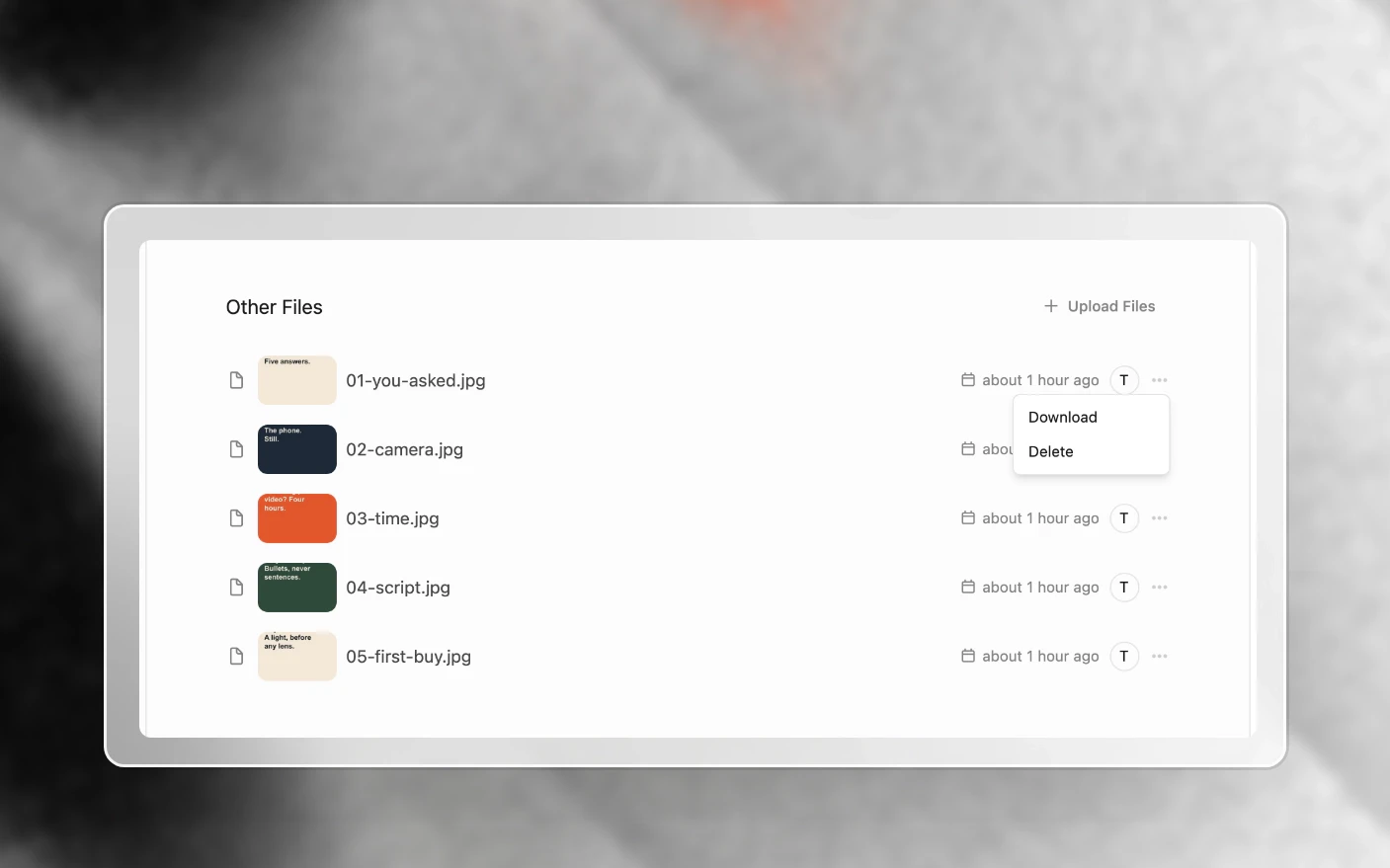 The menu open on a file in a project's Other Files, showing Download
