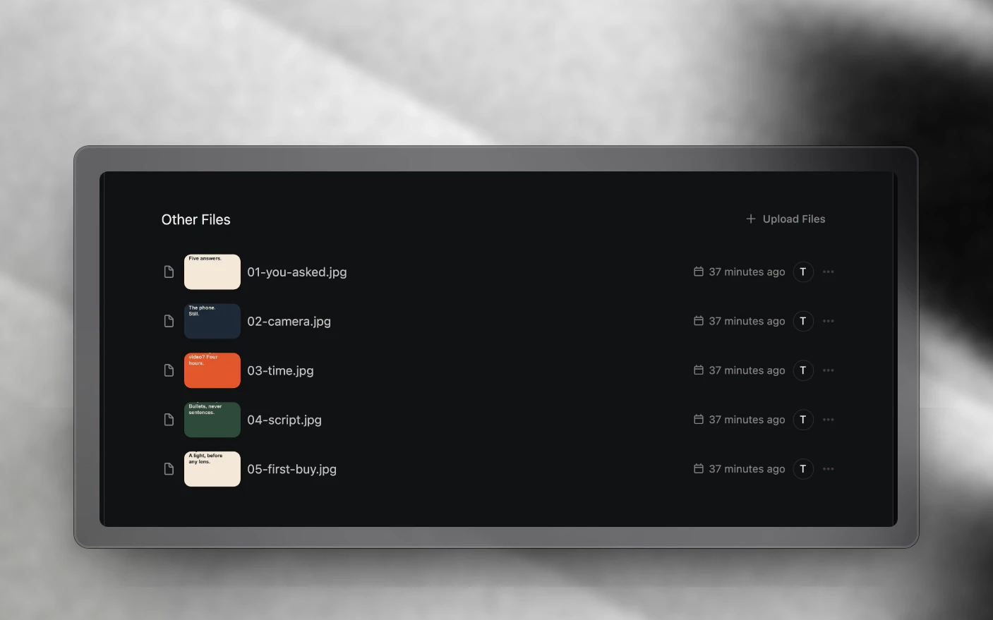 A project's Other Files holding five carousel slides, with Upload Files at the top of the list