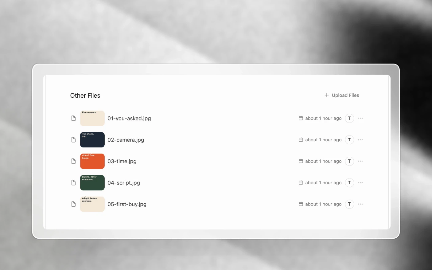A project's Other Files holding five carousel slides, with Upload Files at the top of the list