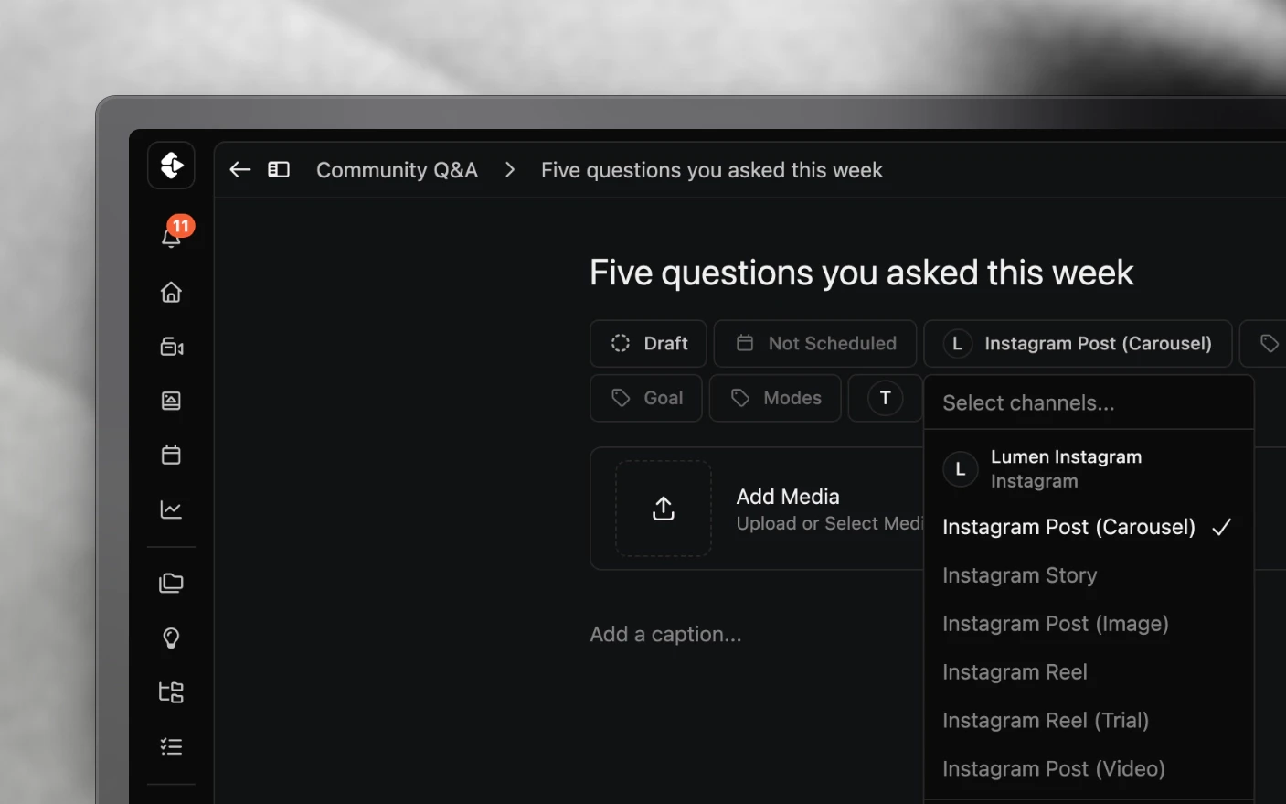 A post's type selector open, with Instagram Post (Carousel) chosen from the channel's post types