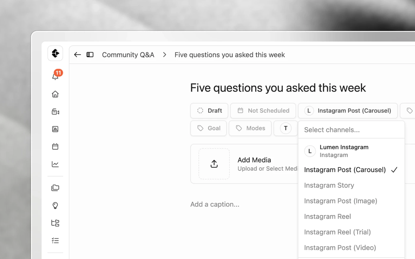 A post's type selector open, with Instagram Post (Carousel) chosen from the channel's post types