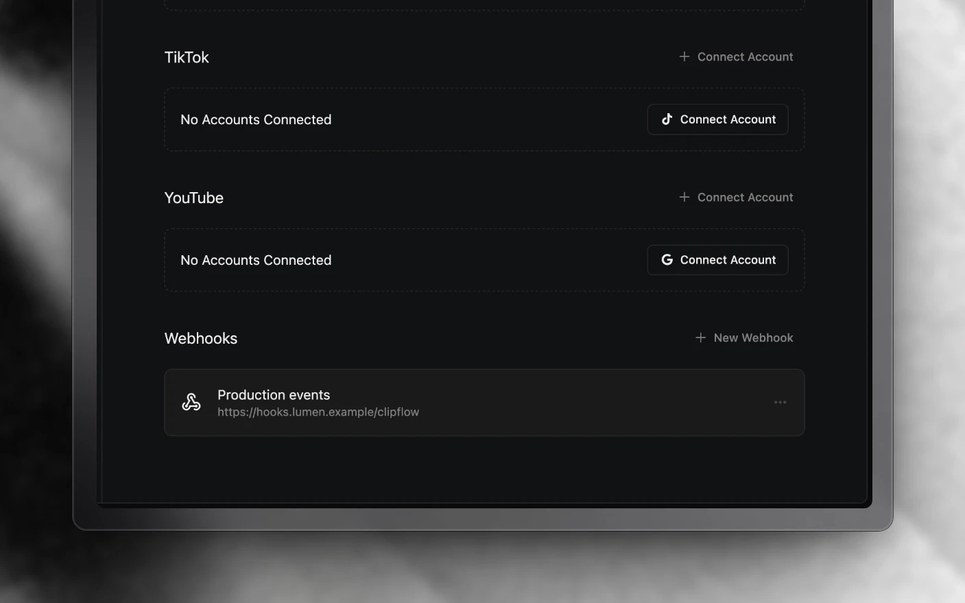 A webhook endpoint with its delivery URL, listed below the social integrations