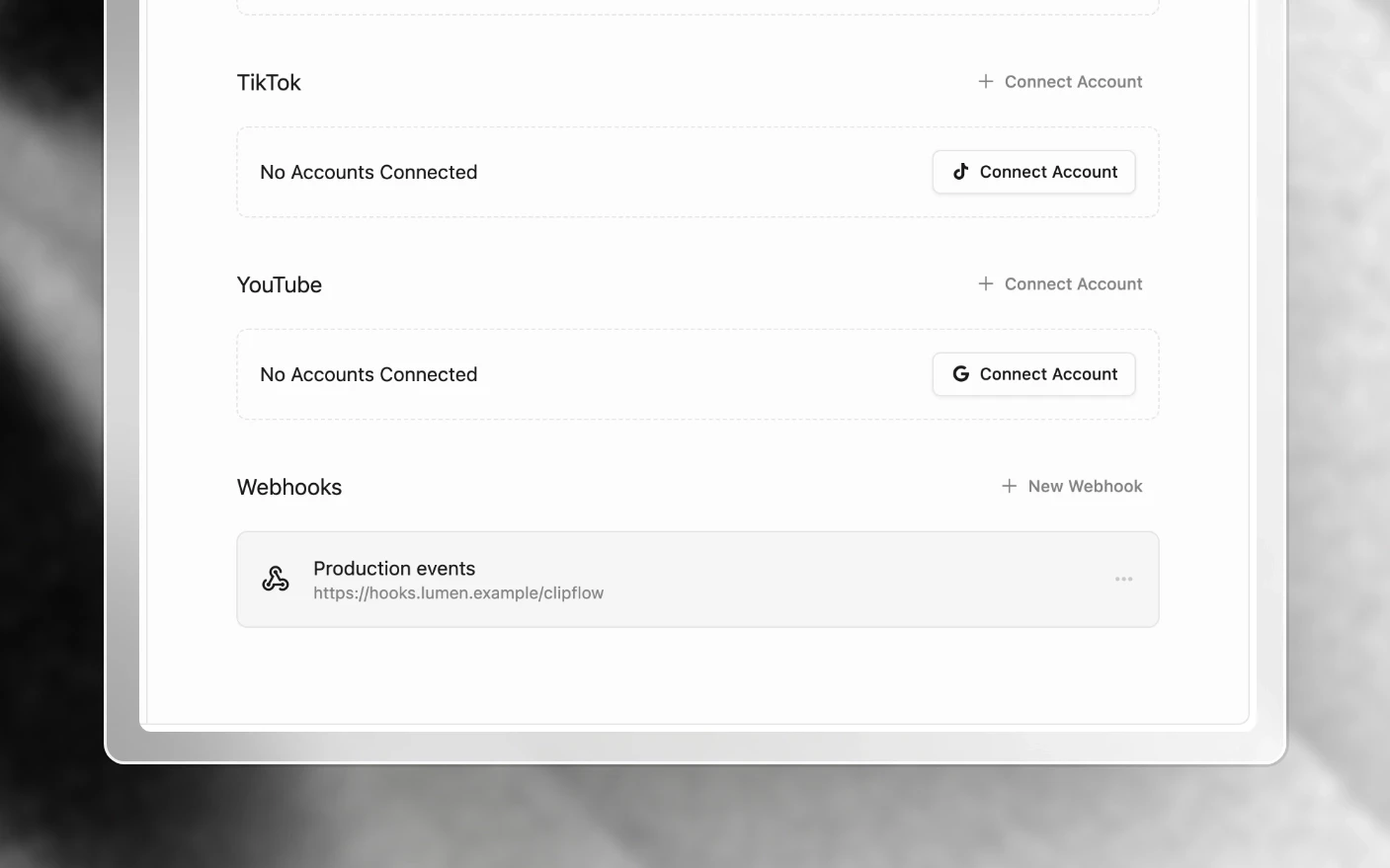 A webhook endpoint with its delivery URL, listed below the social integrations