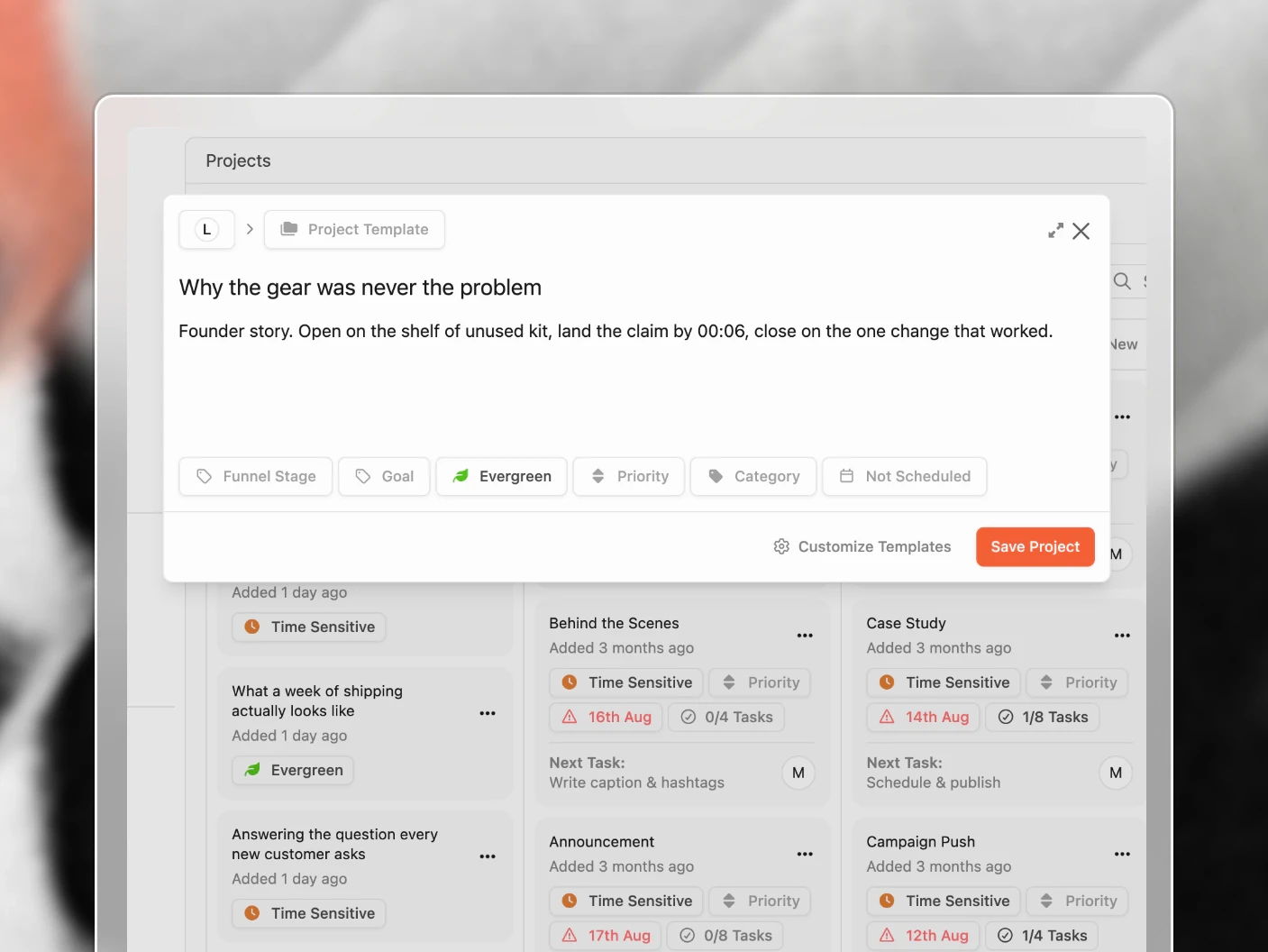 The new project form with a title and outline filled in, and the labels and schedule that decide where it lands