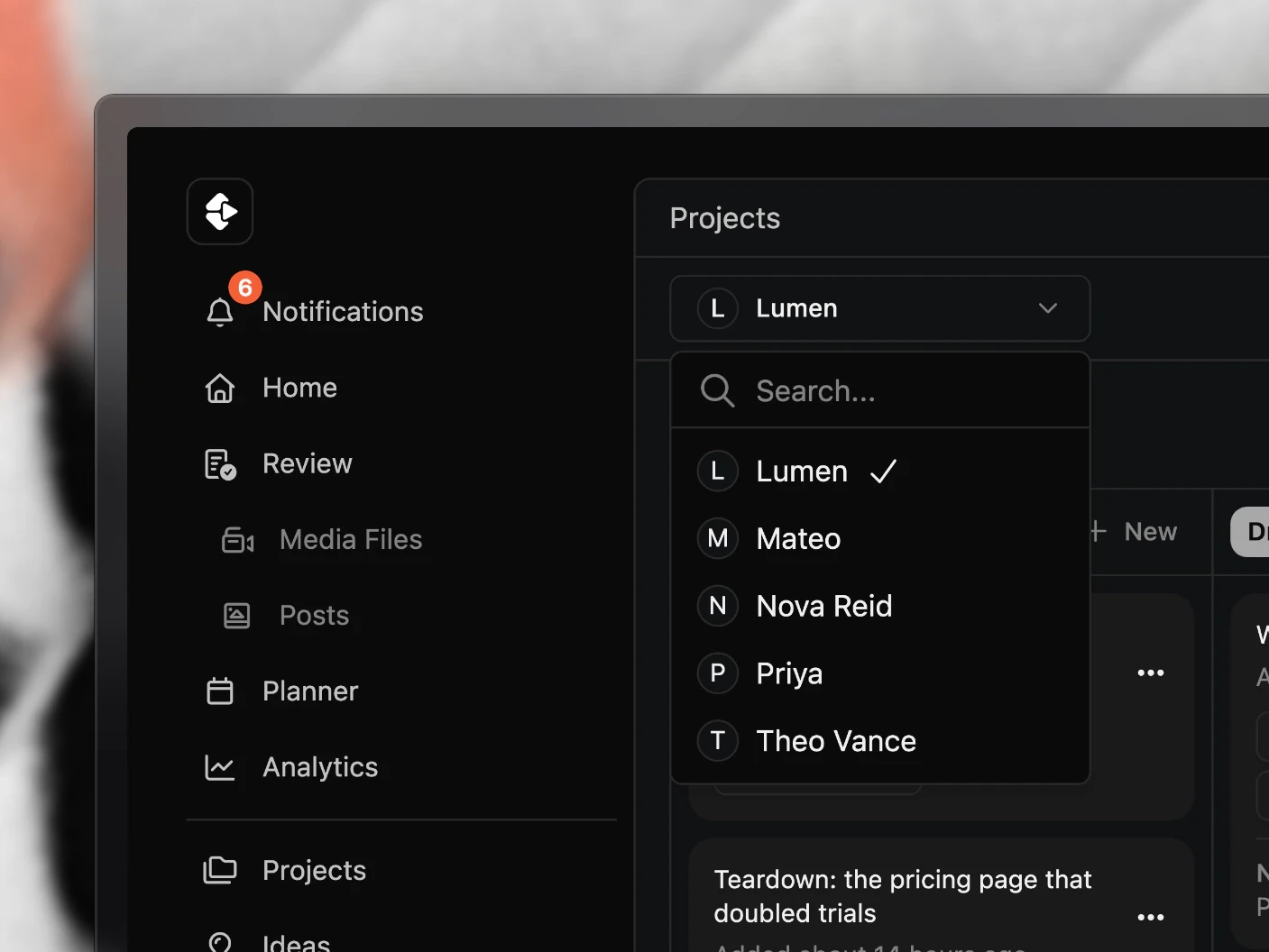 The organization switcher open over the projects board, listing every brand, client and internal team with the current one ticked