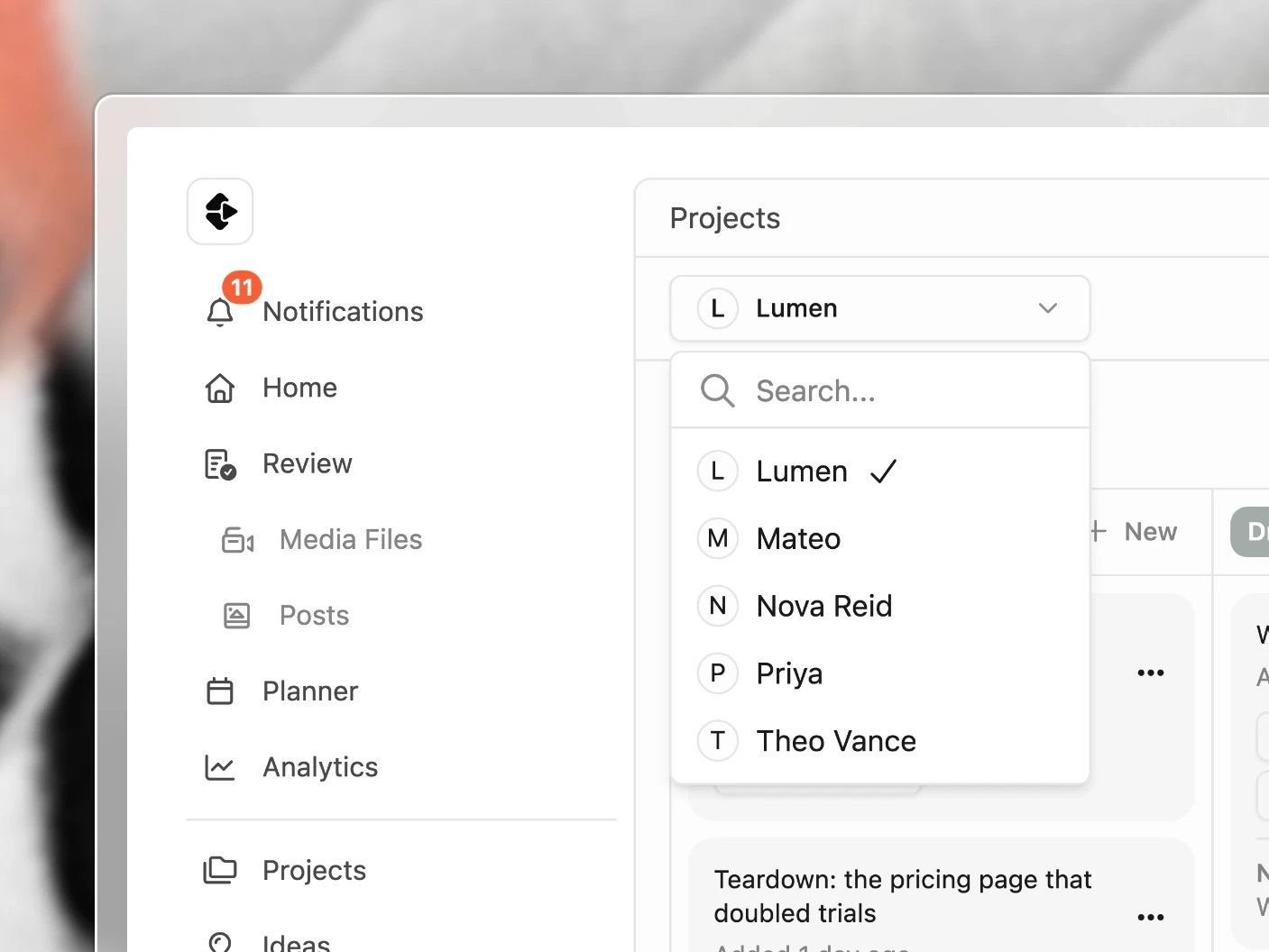 The organization switcher open over the projects board, listing every brand, client and internal team with the current one ticked