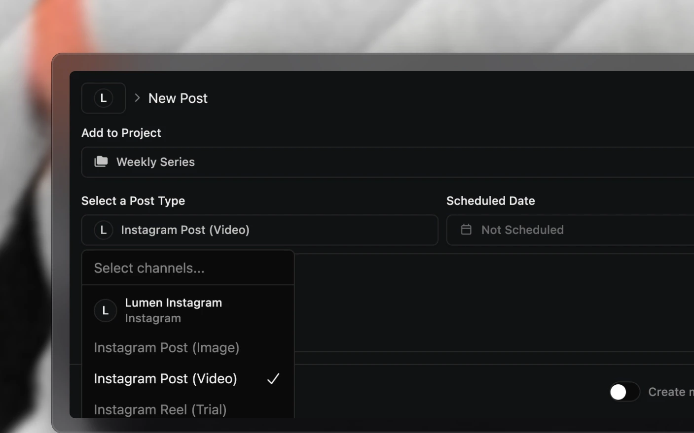 The new post form with its post types open: Instagram's image, video, trial reel, reel, story and carousel under the channel