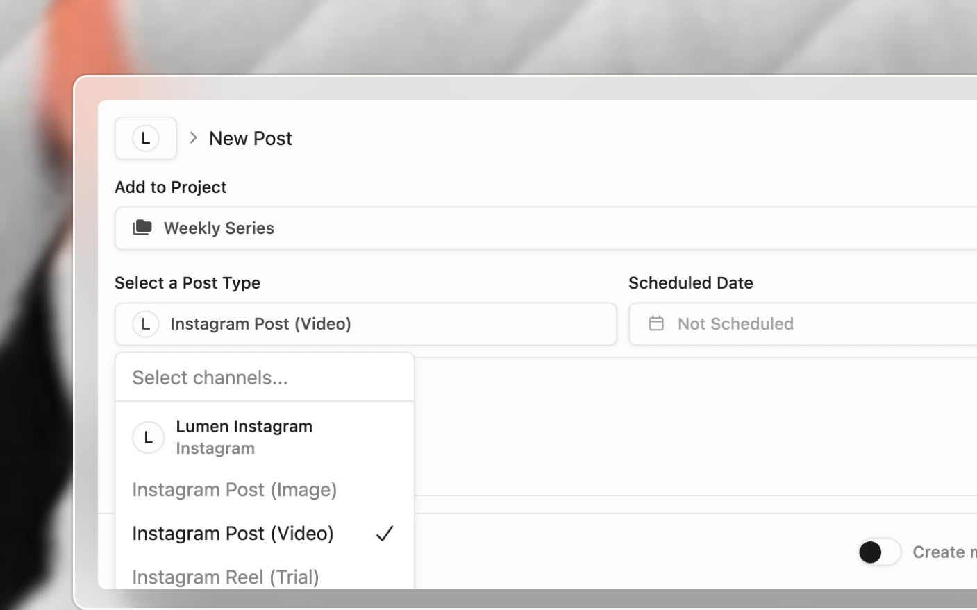 The new post form with its post types open: Instagram's image, video, trial reel, reel, story and carousel under the channel