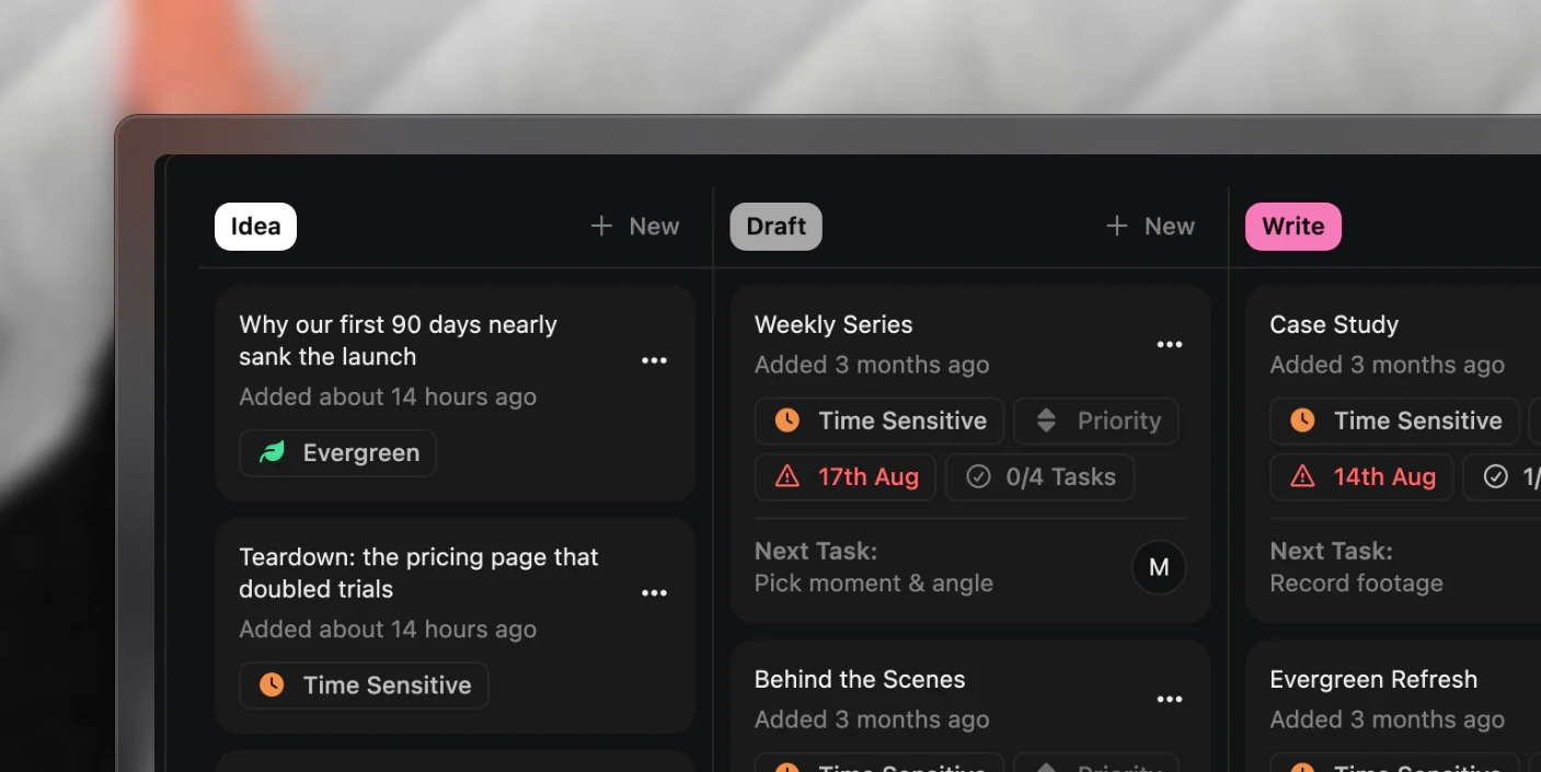 The projects board with a column per status, each card showing its next task and due date