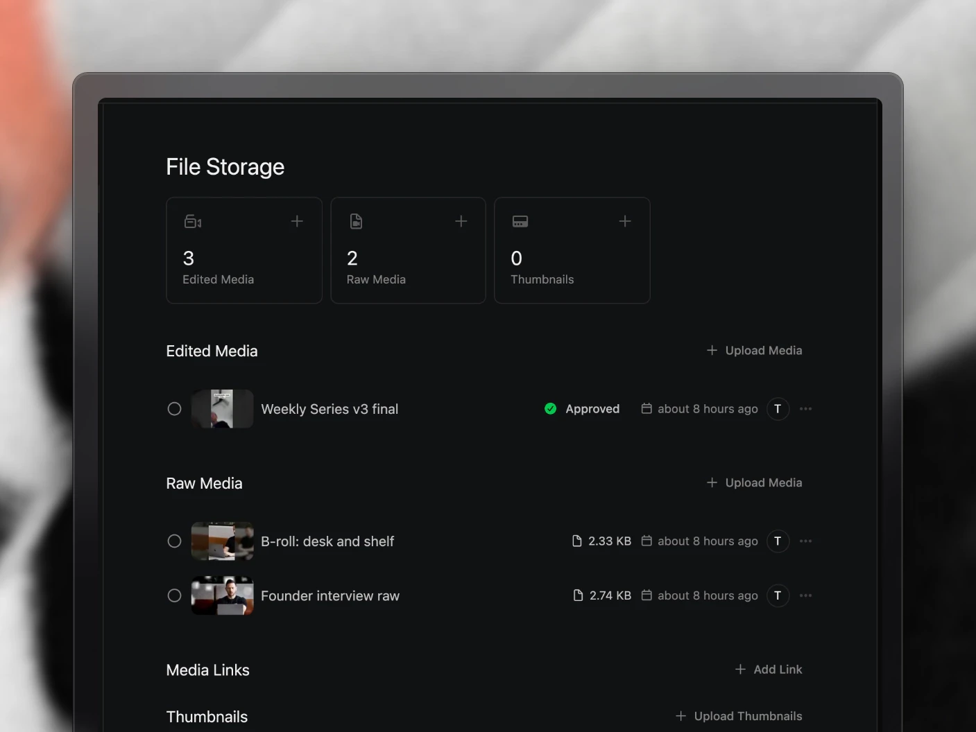 A project's file storage, edited media with its review status above the raw footage