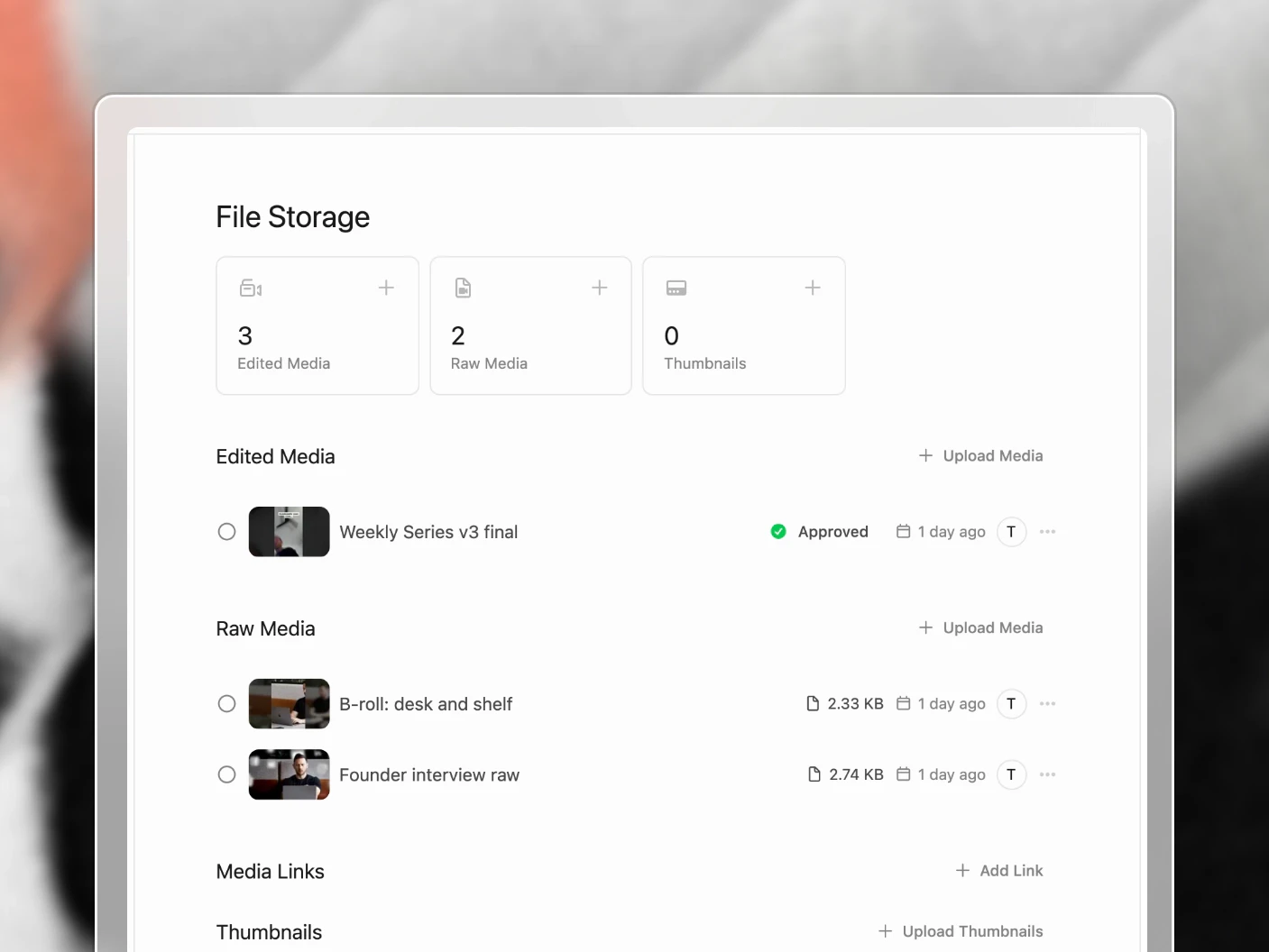 A project's file storage, edited media with its review status above the raw footage