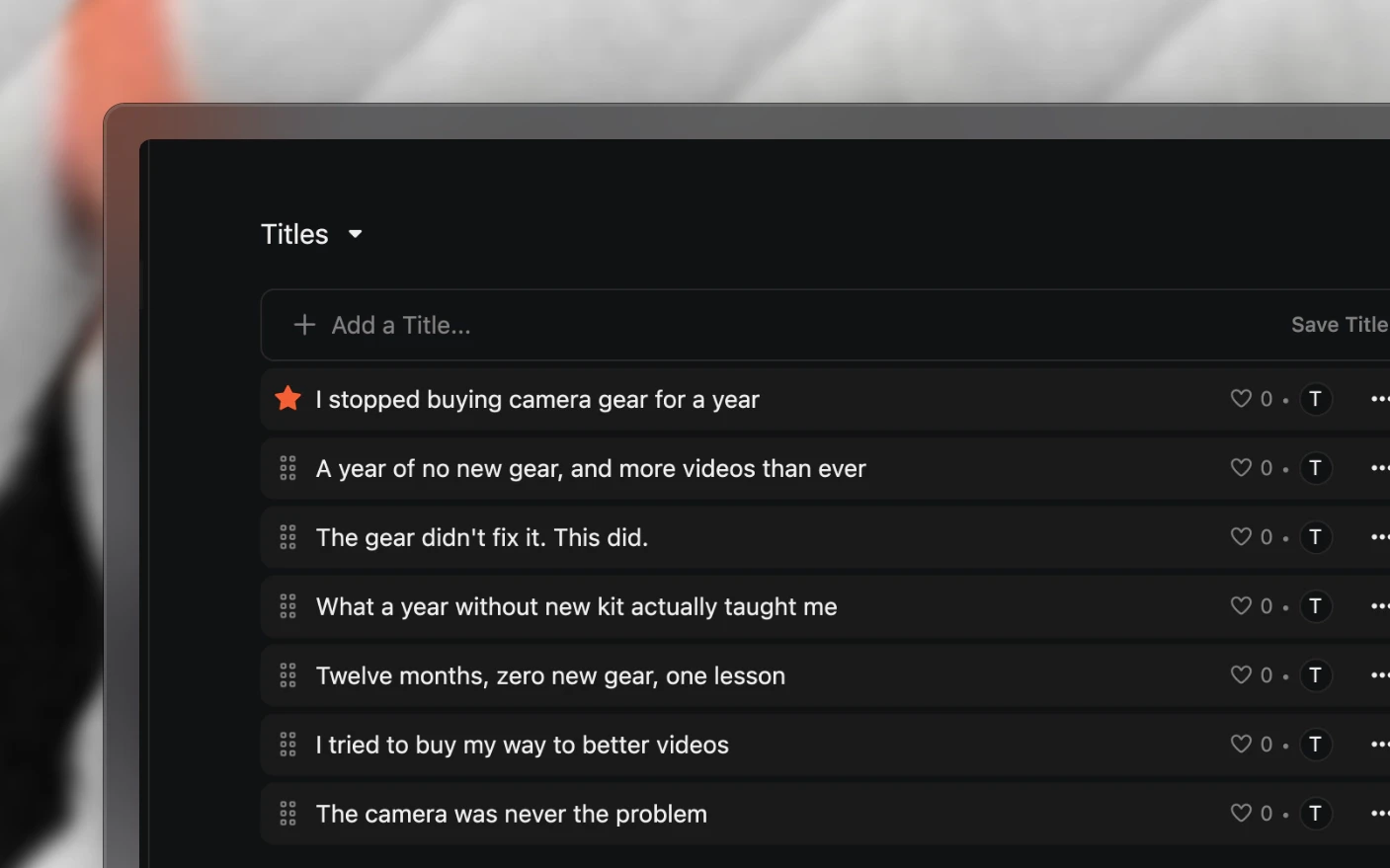 A project's title options, with the chosen one starred