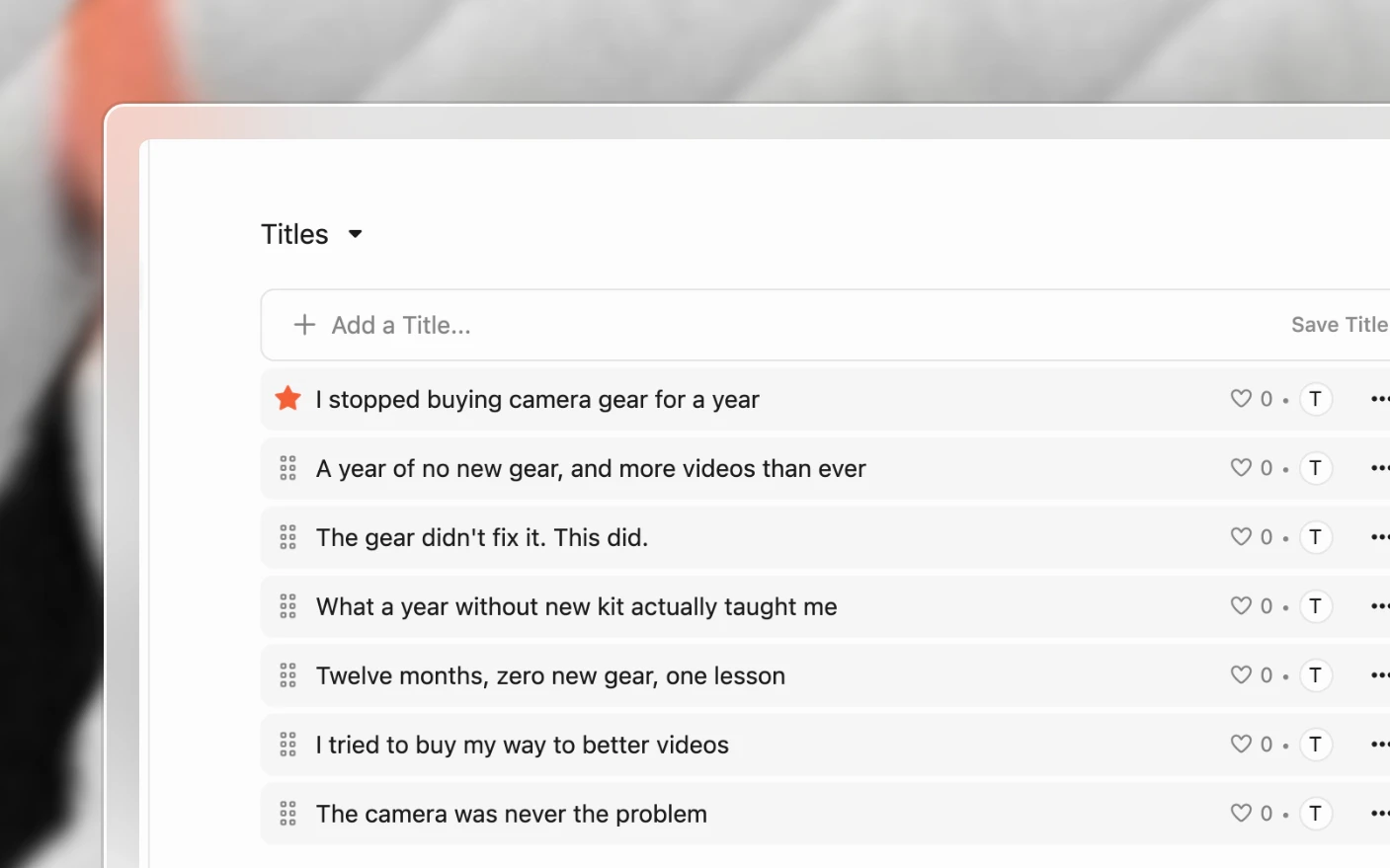 A project's title options, with the chosen one starred
