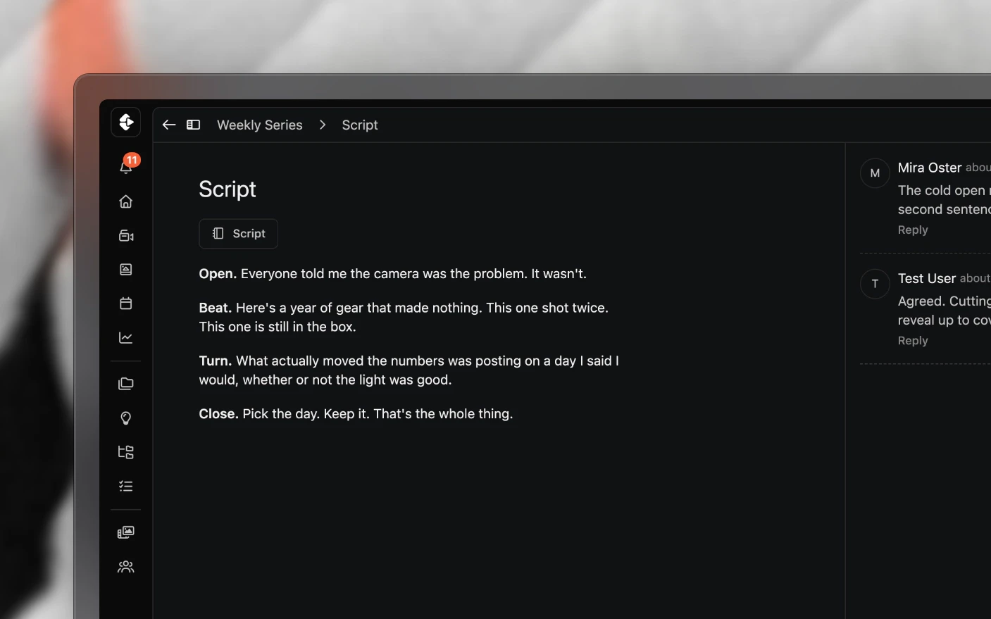 A script open as a project page, with the team's comments against it