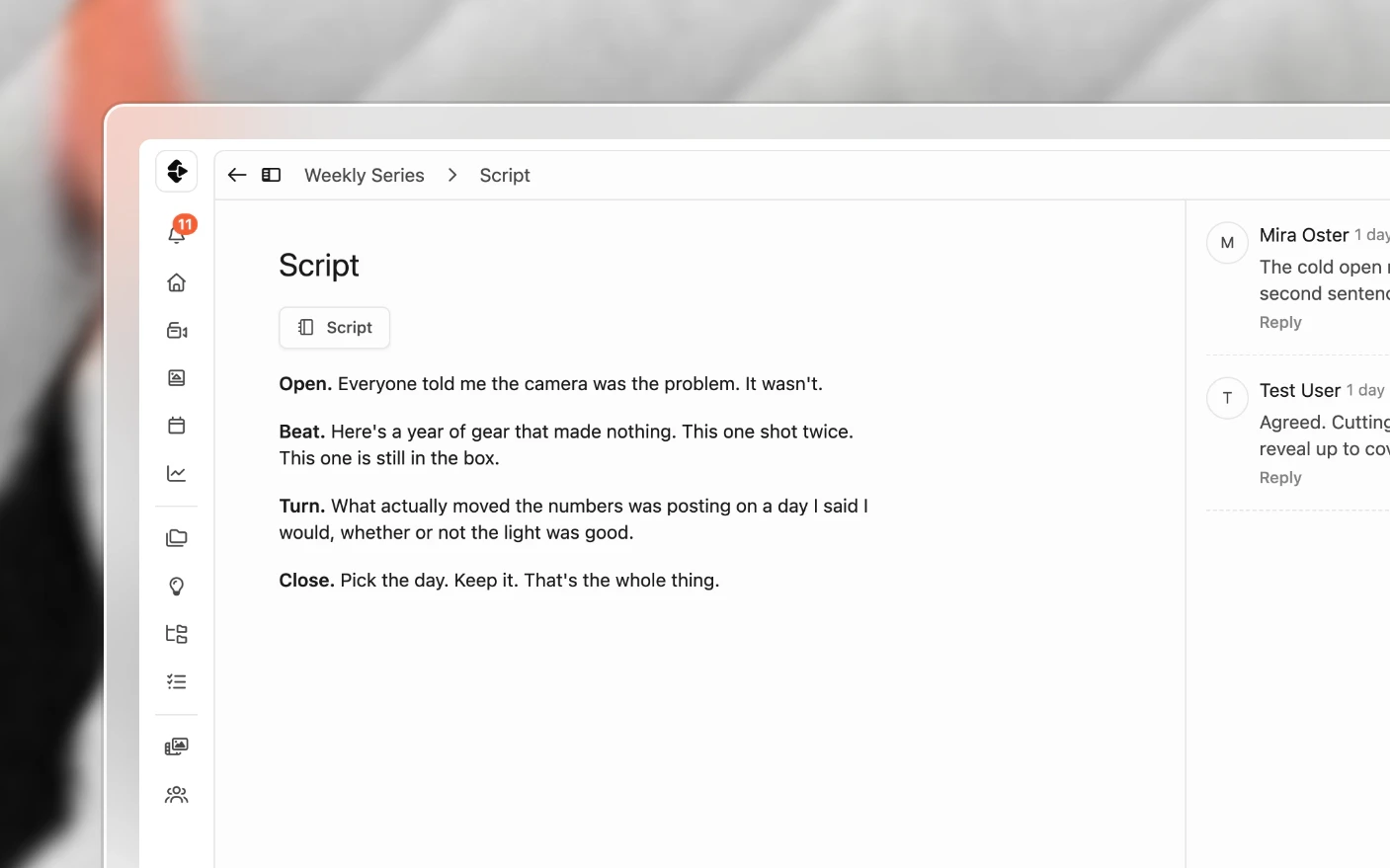 A script open as a project page, with the team's comments against it