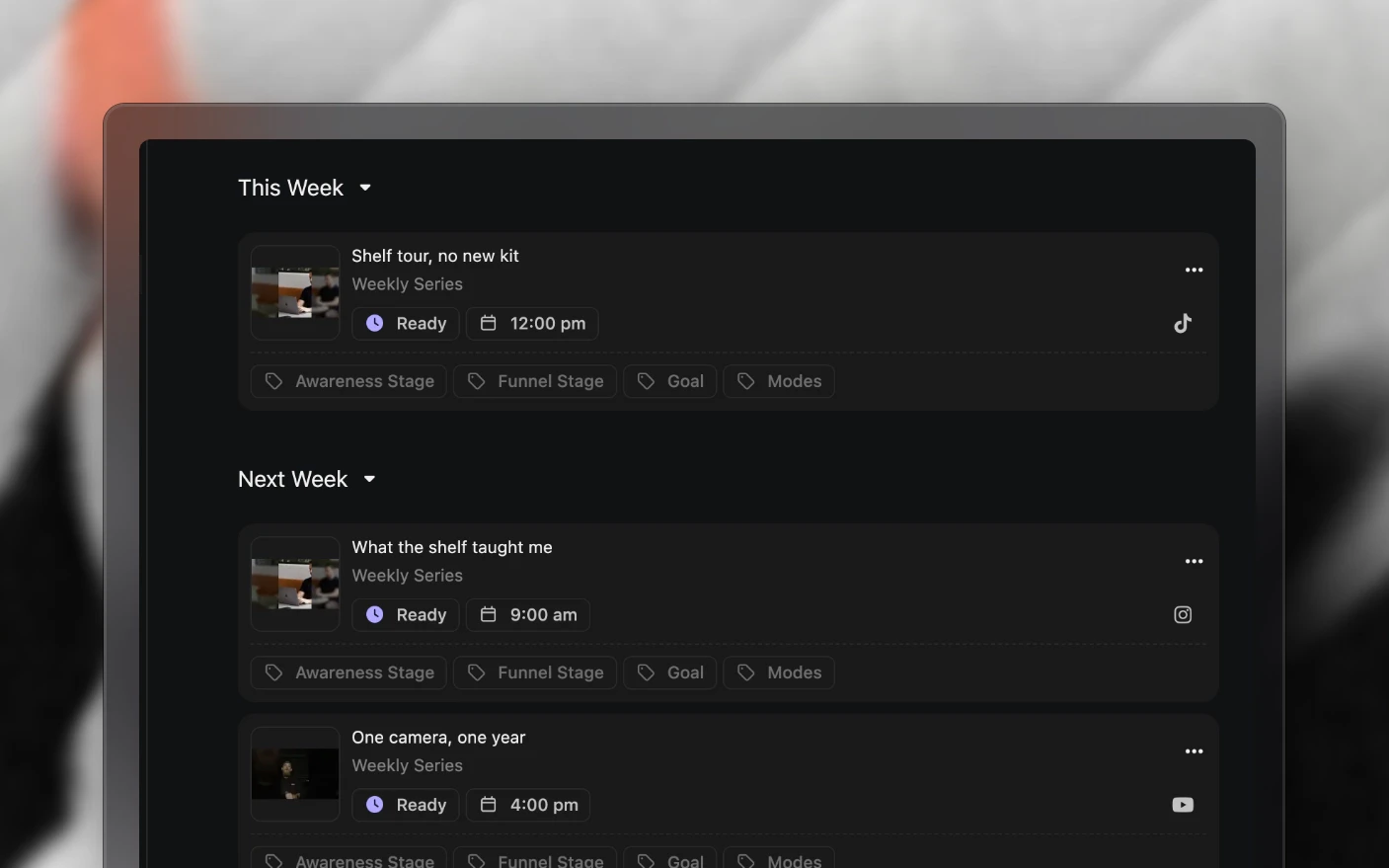A post on its project, showing its channel status and scheduled time