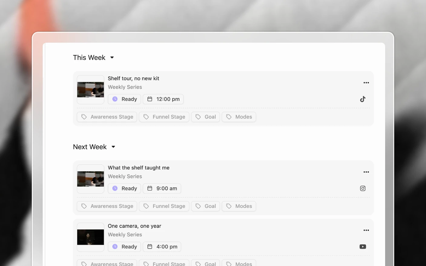 A post on its project, showing its channel status and scheduled time