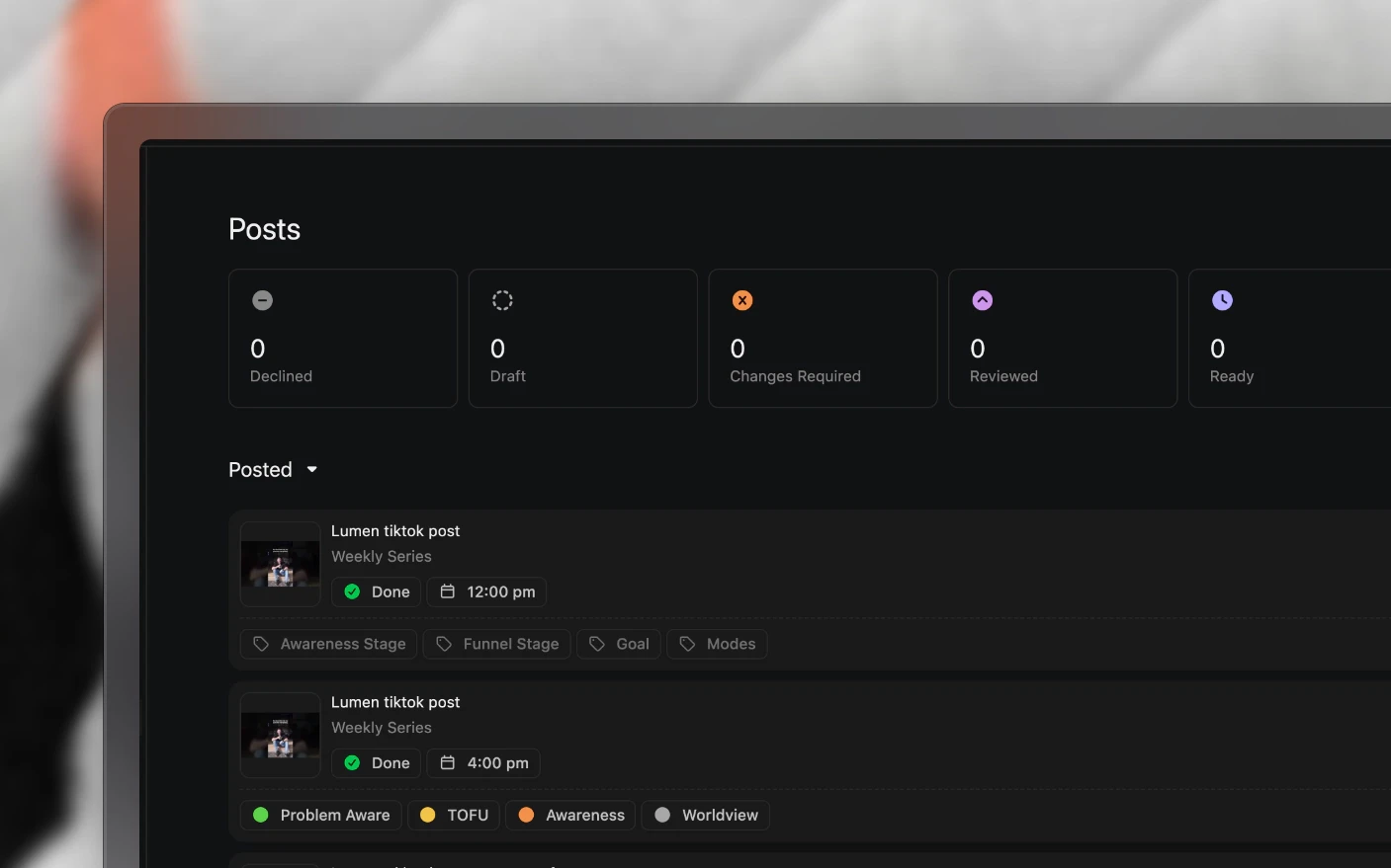 A project's posts counted by status, each with its channel and time