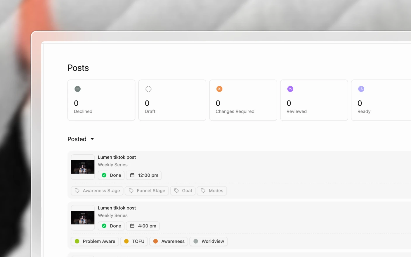 A project's posts counted by status, each with its channel and time