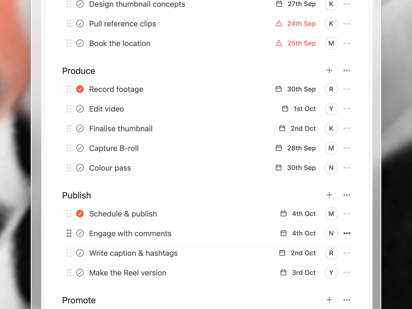 A project's tasks with their priority, due date and assignee