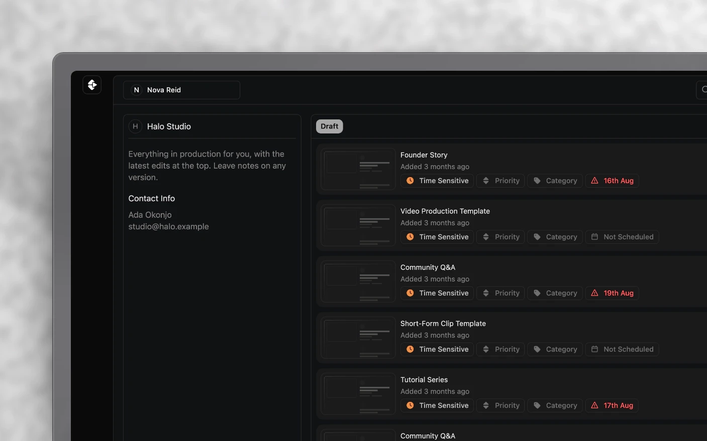 A client portal as the client sees it, their work grouped by status with the agency's contact details