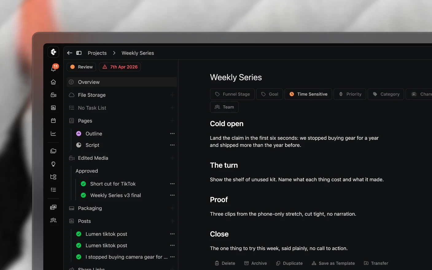 Inside a Clipflow project: the explorer on the left with tasks, pages, media and posts, and the project overview beside it