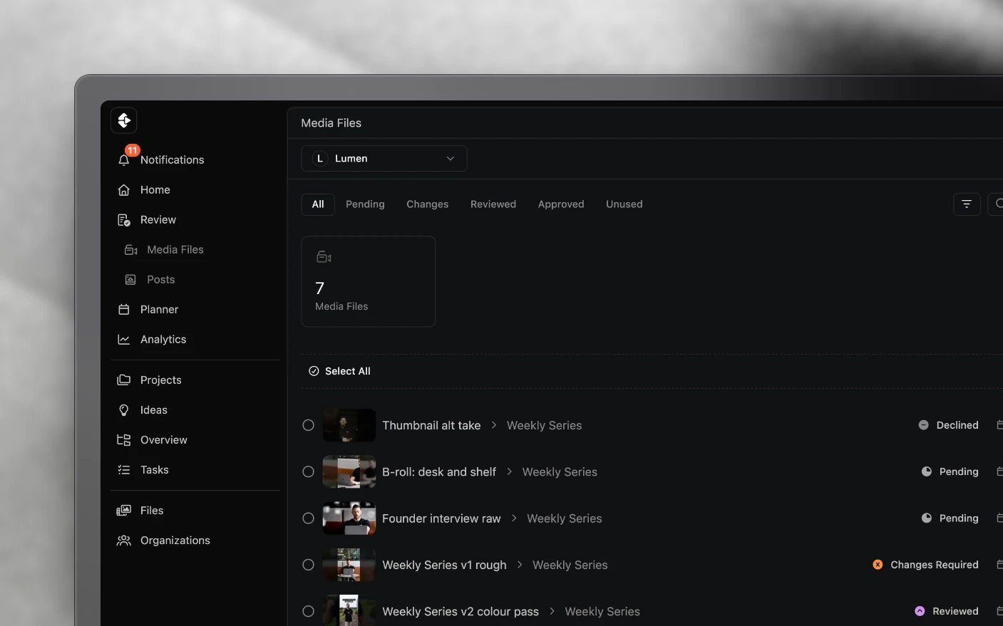 A project's media, raw footage and edits together, each with its review status