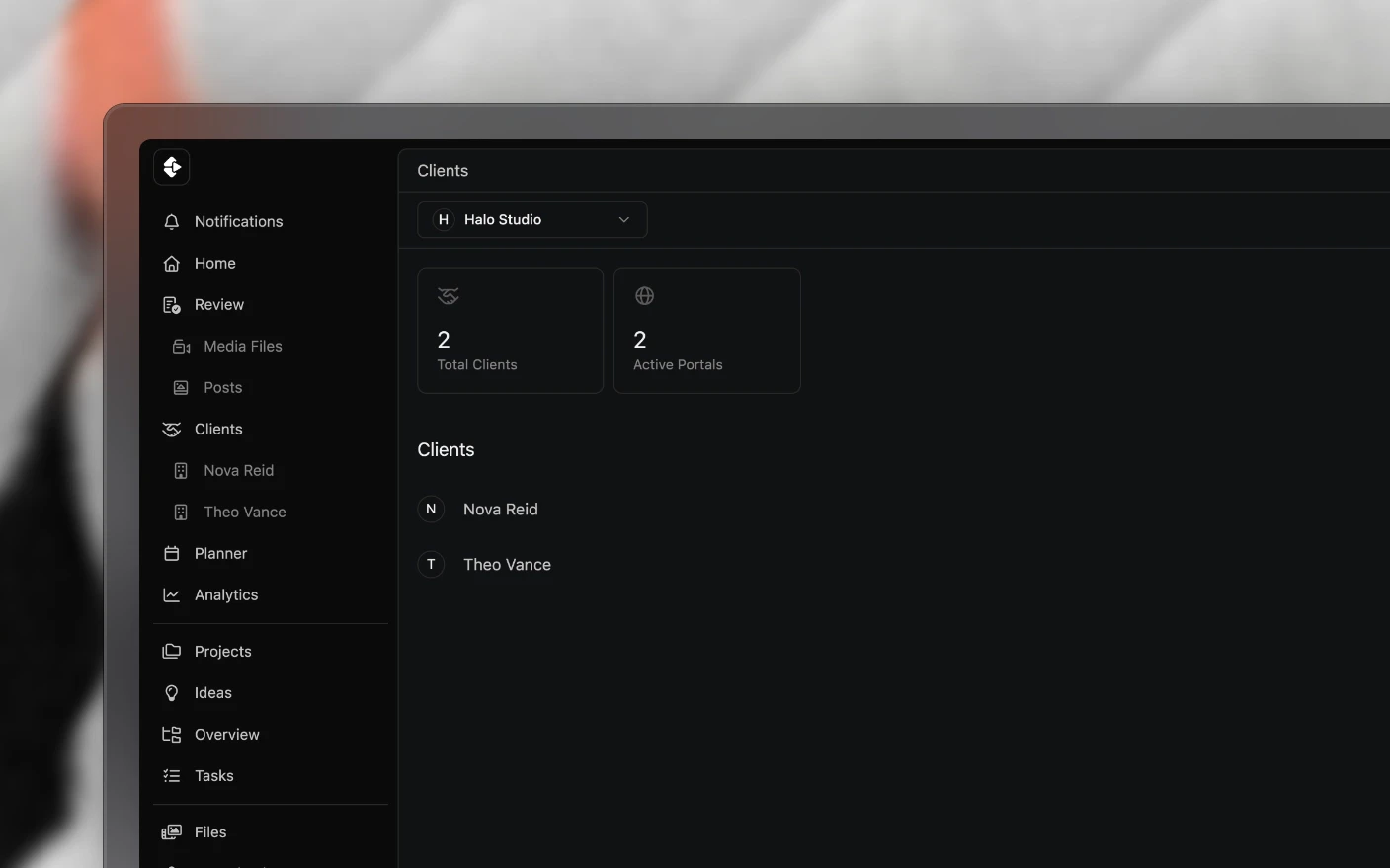 An agency's Clients page listing each client as its own organization, with Clients in the main navigation