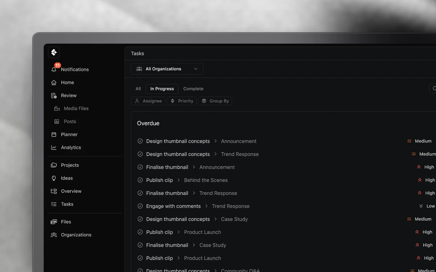 The task list, every open task across projects with its due date and assignee