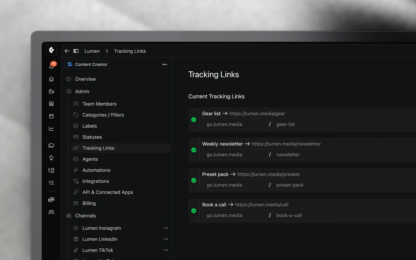 Tracking links served from the brand's own domain, go.lumen.media, with their click counts