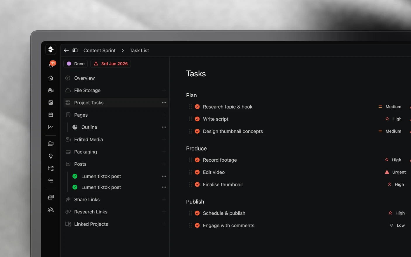 A task list template, its tasks grouped into sections with relative due dates
