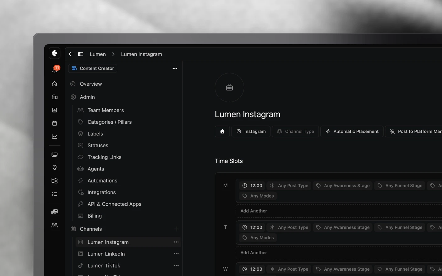 A channel's settings, showing the Instagram account it is connected to and publishes through