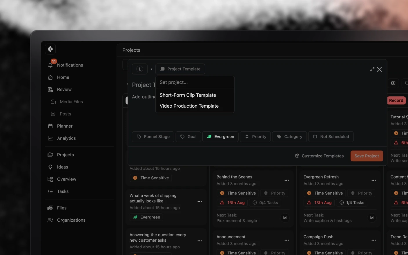 The new project dialog with its template picker open, choosing which template the project starts from