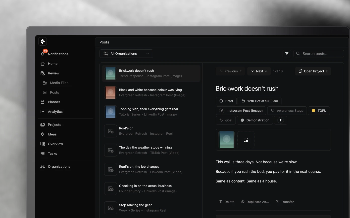 The Review screen with the queue of draft posts on the left and the selected post, with its media, caption and channel, on the right
