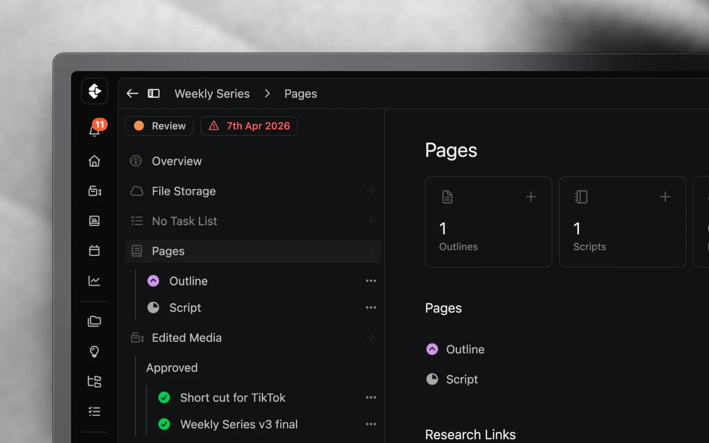 The project explorer with its sections for tasks, pages, media, packaging, posts and links