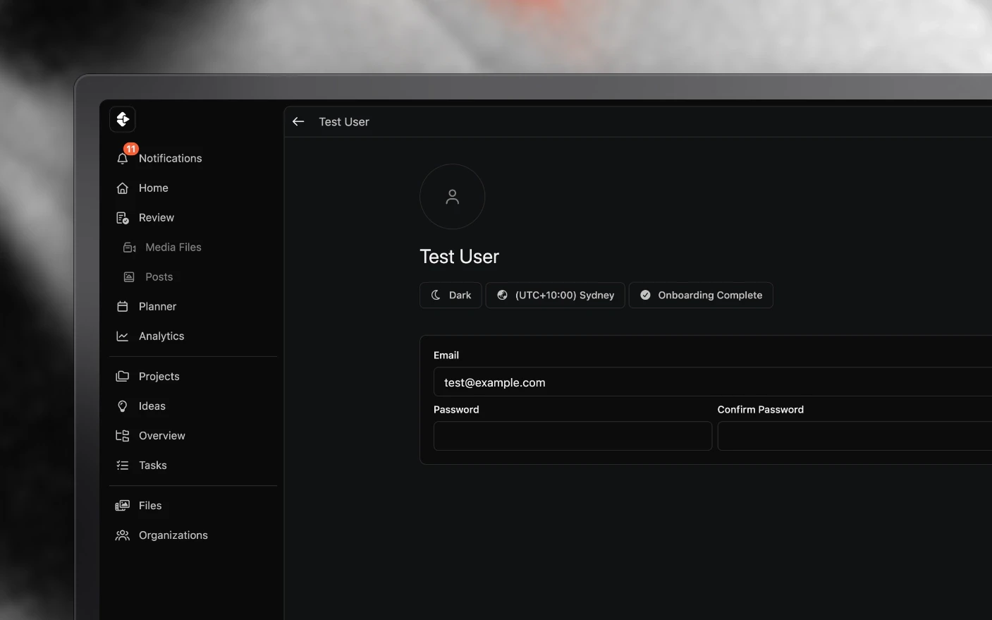 Your profile: name, photo, time zone and theme, and the organizations you belong to