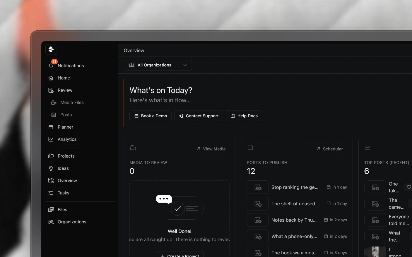 The Clipflow home screen: today's media waiting on review, posts ready to publish, and recent outliers, across every organization