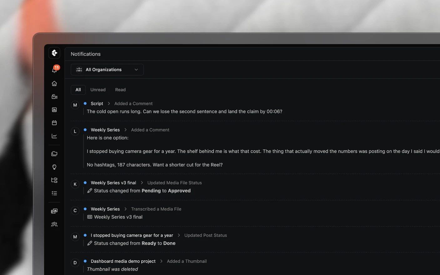 The notifications inbox, activity grouped by project across organizations