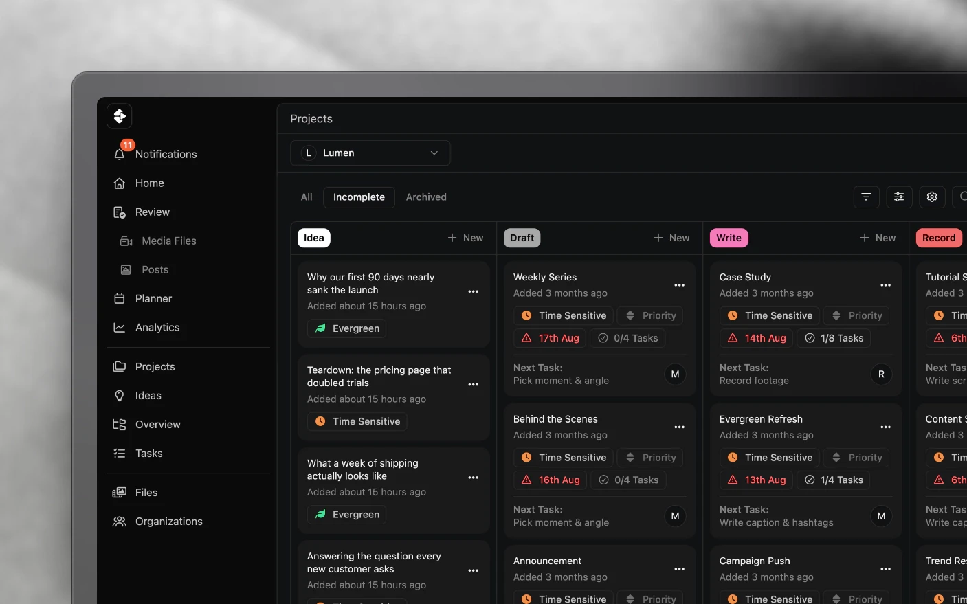The Projects screen, filtered and grouped by status, where views are saved